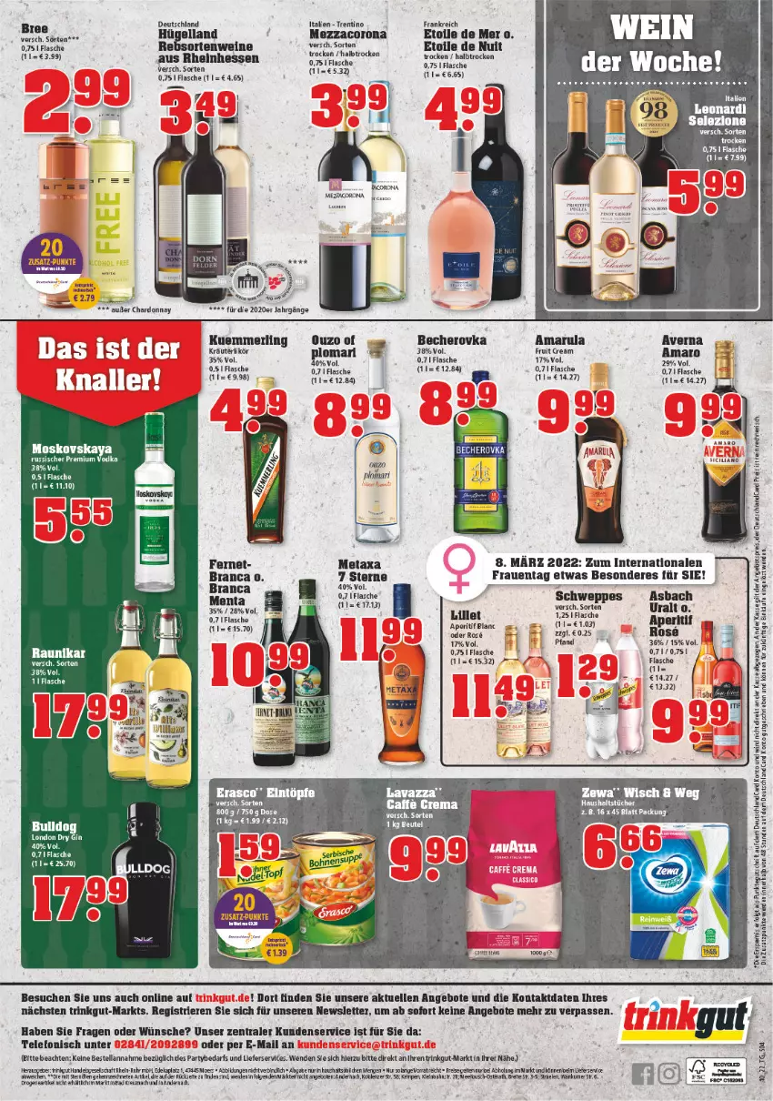 Aktueller Prospekt Trinkgut - von 07.03 bis 12.03.2022 - strona 4 - produkty: amaro, amarula, angebot, angebote, angebotspreis, aperitif, averna, Bad, Becher, Becherovka, bree, chardonnay, corona, deka, deutschlandcard, dry gin, eintöpfe, eis, elle, erasco, erde, Fernet, flasche, gin, haushaltstücher, hero, kuemmerling, lavazza, LG, lieferservice, likör, lillet, london dry, london dry gin, merl, Metaxa, mezzacorona, ouzo, rebsortenweine, reis, schweppes, telefon, Ti, tücher, uhr, wein, weine, zewa