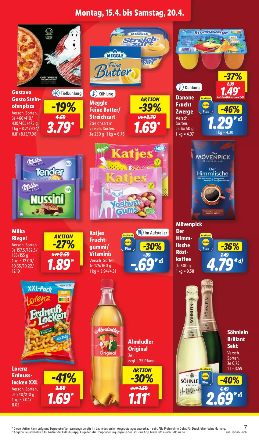 Aktueller Prospekt Lidl - Aktionsprospekt - von 15.04 bis 20.04.2024 - strona 11 - produkty: aktionspreis, almdudler, angebot, brillant sekt, butter, coupon, danone, eis, elle, erdnuss, frucht, gin, kaffee, katjes, lorenz, meggle, milka, mövenpick, nuss, Ofen, pizza, reis, riegel, sekt, söhnlein, söhnlein brillant, Streichzart, teller, Ti, vita, ZTE