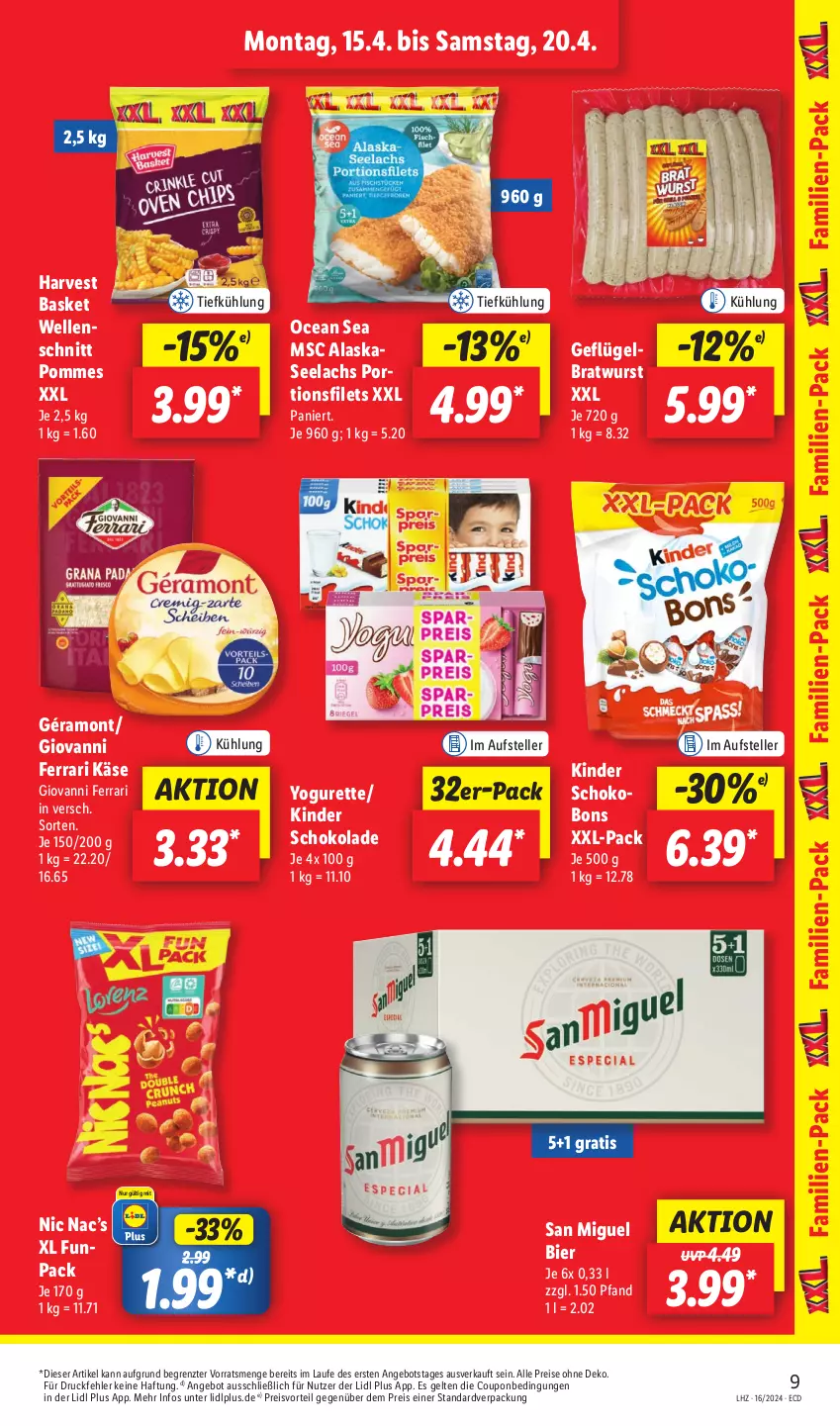 Aktueller Prospekt Lidl - Aktionsprospekt - von 15.04 bis 20.04.2024 - strona 13 - produkty: angebot, bier, bratwurst, coupon, eis, elle, filet, filets, Geflügel, géramont, Käse, Kinder, Kinder Schokobons, kinder schokolade, lachs, pommes, preisvorteil, reis, schoko, schokolade, teller, Ti, wurst, Yo, yogurette, ZTE