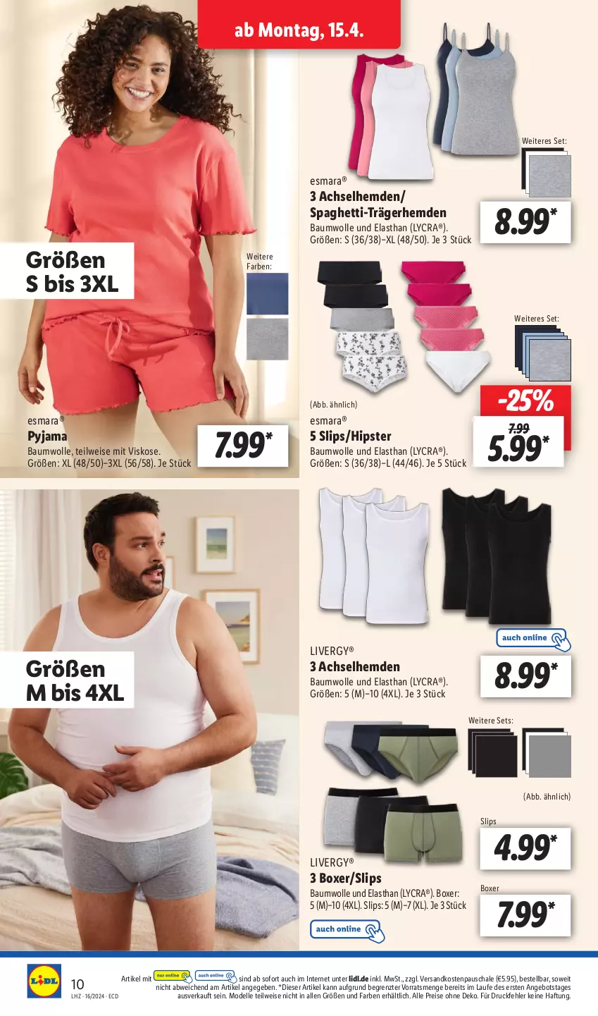 Aktueller Prospekt Lidl - Aktionsprospekt - von 15.04 bis 20.04.2024 - strona 14 - produkty: achselhemd, angebot, Bau, baumwolle, dell, eis, elle, esmara, hemd, hemden, livergy, Mode, ndk, Pyjama, reis, Schal, Schale, slip, slips, spaghetti, Ti, wolle, ZTE