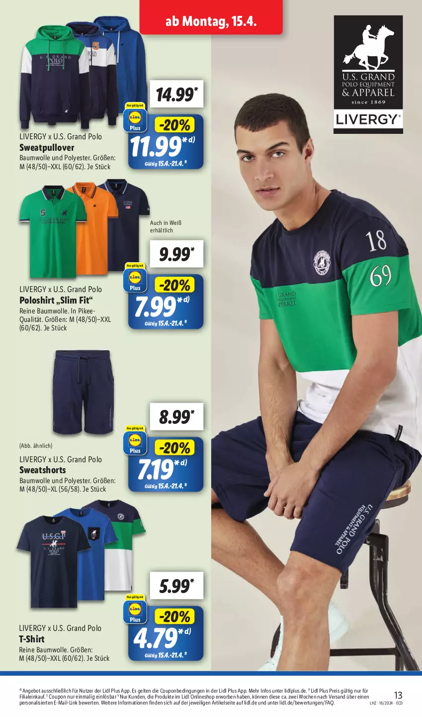 Aktueller Prospekt Lidl - Aktionsprospekt - von 15.04 bis 20.04.2024 - strona 17 - produkty: angebot, Bau, baumwolle, coupon, eis, livergy, Persona, poloshirt, Pullover, reine baumwolle, reis, shirt, shorts, sweatshorts, T-Shirt, Ti, wolle