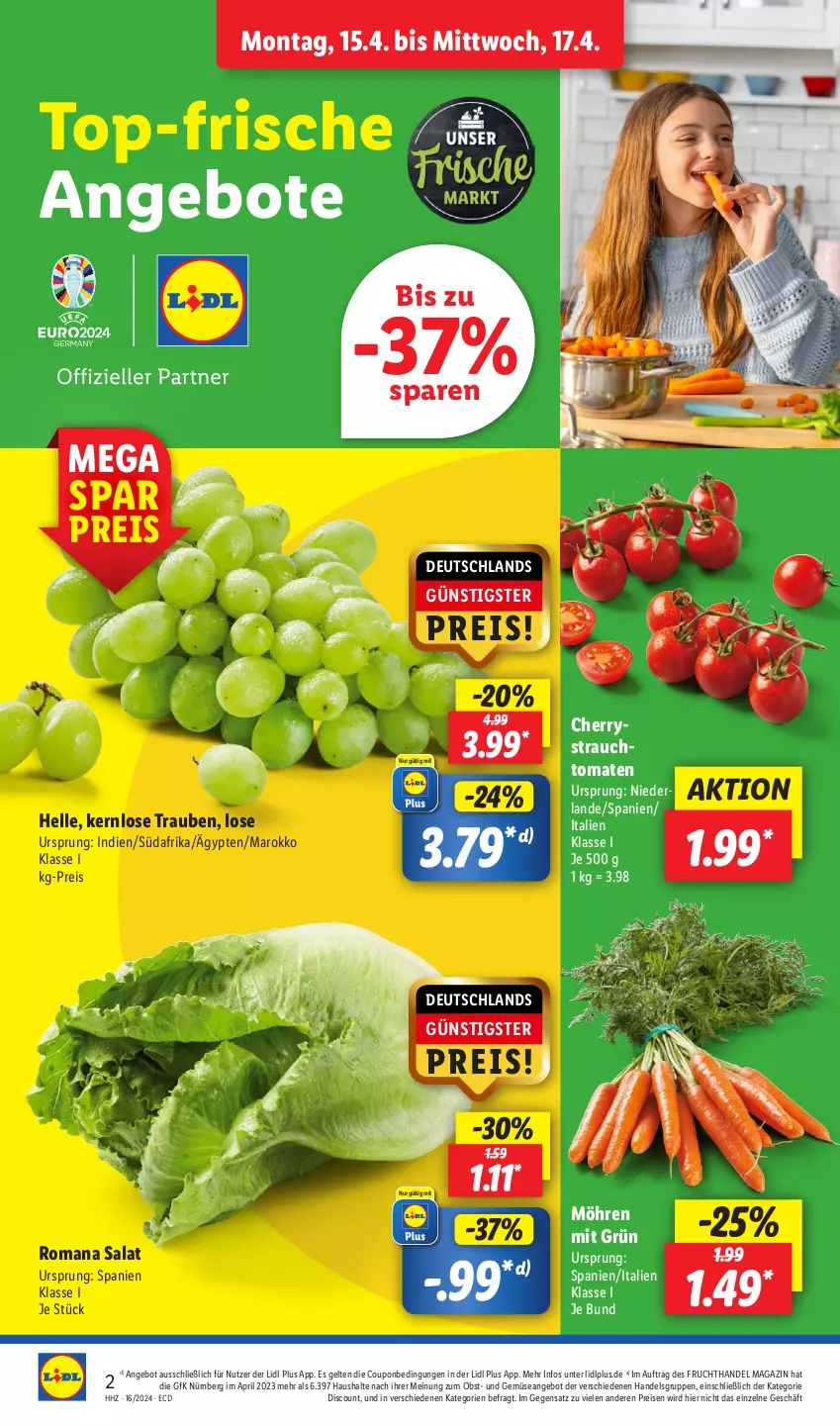 Aktueller Prospekt Lidl - Aktionsprospekt - von 15.04 bis 20.04.2024 - strona 2 - produkty: angebot, angebote, coupon, discount, eis, elle, frucht, magazin, möhren, obst, pril, Rauch, reis, salat, strauchtomaten, Ti, tomate, tomaten, trauben, und gemüse