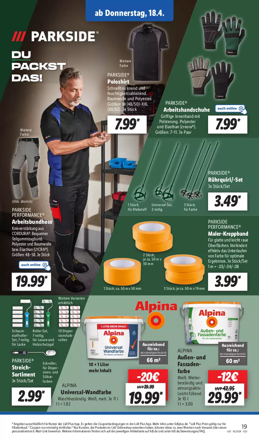 Aktueller Prospekt Lidl - Aktionsprospekt - von 15.04 bis 20.04.2024 - strona 23 - produkty: alpina, angebot, Bau, baumwolle, coupon, eis, fassadenfarbe, handschuhe, Holz, holzschutz, hose, lack, Lacke, latte, Laufen, LG, Parkside, Persona, poloshirt, reis, Ria, Roller, schuhe, shirt, Ti, wolle