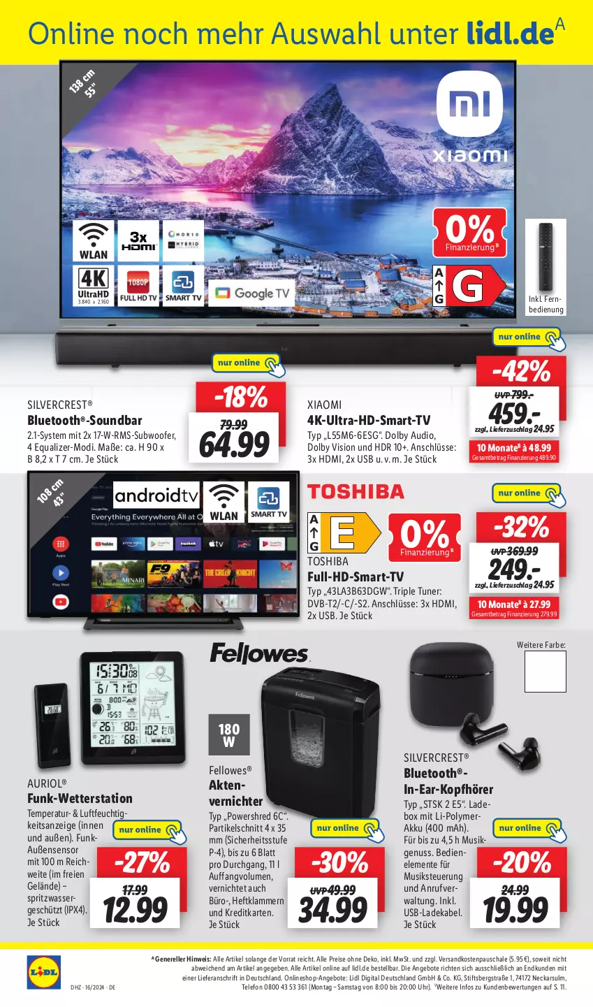 Aktueller Prospekt Lidl - Aktionsprospekt - von 15.04 bis 20.04.2024 - strona 38 - produkty: akku, Aktenvernichter, angebot, angebote, deka, dvb, DVB-T, eis, elle, ente, fernbedienung, HDMI, in-ear-kopfhörer, Klammern, kopfhörer, ladekabel, lamm, ndk, nuss, reis, rel, Schal, Schale, silvercrest, soundbar, Subwoofer, telefon, Ti, toshiba, tuner, uhr, usb, wasser, Wetterstation