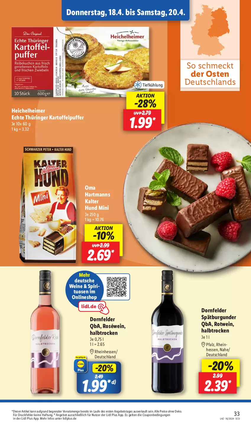 Aktueller Prospekt Lidl - Aktionsprospekt - von 15.04 bis 20.04.2024 - strona 43 - produkty: angebot, burgunder, coupon, dornfelder, eimer, eis, Hartmann, kartoffel, kartoffelpuffer, reis, ring, roséwein, rotwein, spätburgunder, spirituosen, Ti, wein, weine, ZTE