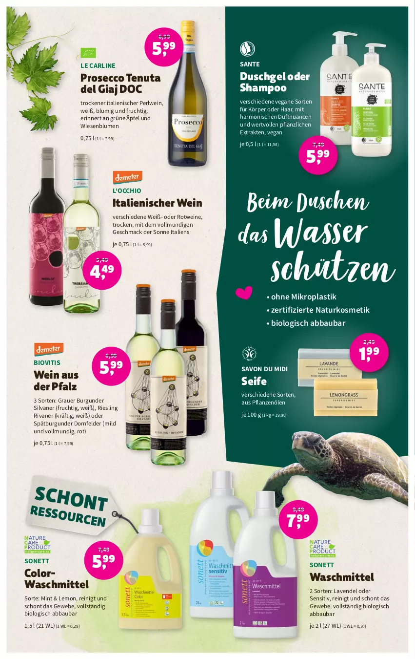 Aktueller Prospekt Denns Biomarkt - Prospekte - von 19.07 bis 01.08.2023 - strona 15 - produkty: Abba, asti, auer, Bau, bio, blume, blumen, burgunder, colorwaschmittel, dornfelder, dusche, duschgel, ecco, frucht, grauer burgunder, kosmetik, lavendel, mac, mint, natur, naturkosmetik, Nuance, pflanze, pflanzen, Pflanzenöl, prosecco, riesling, Rivaner, rotwein, SANTE, Schütze, Seife, shampoo, silvaner, spätburgunder, Ti, waschmittel, wasser, wein, weine