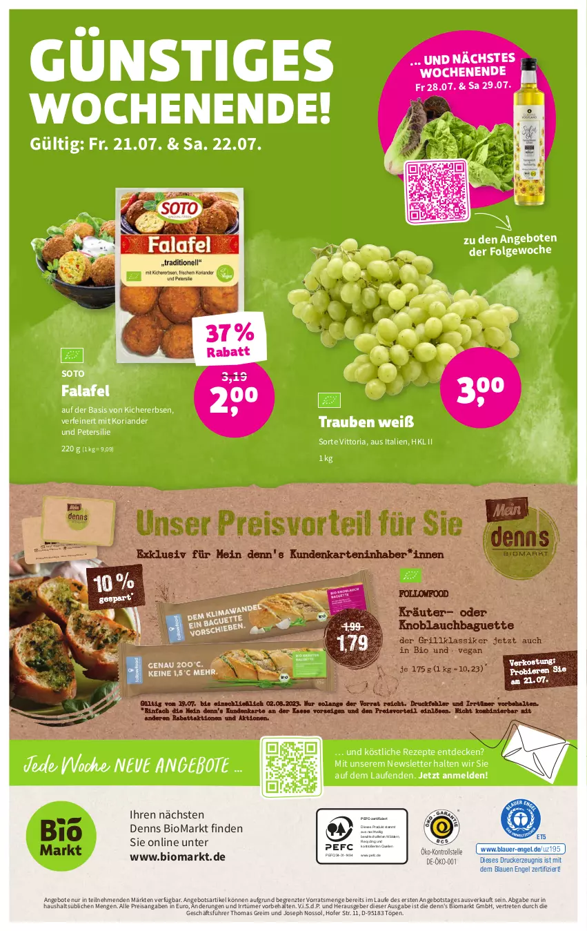 Aktueller Prospekt Denns Biomarkt - Prospekte - von 19.07 bis 01.08.2023 - strona 16 - produkty: angebot, angebote, auer, baguette, bier, Biere, bio, Clin, decke, drucker, eis, elle, Engel, erbsen, Falafel, grill, kerze, kichererbsen, knoblauch, Knoblauchbaguette, Koriander, kräuter, Laufen, LG, petersilie, preisvorteil, reis, rezept, rezepte, Ria, Ti, trauben, trolli, ZTE