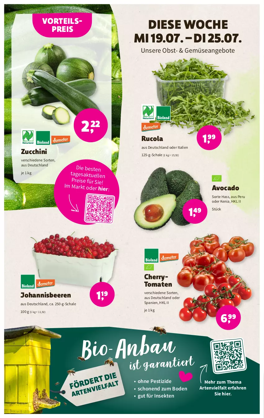 Aktueller Prospekt Denns Biomarkt - Prospekte - von 19.07 bis 01.08.2023 - strona 2 - produkty: angebot, angebote, avocado, Bau, beere, beeren, bio, cherrytomaten, cola, eis, elle, johannisbeere, Johannisbeeren, obst, reis, rucola, Schal, Schale, sekt, Ti, tomate, tomaten, vorteilspreis, zucchini