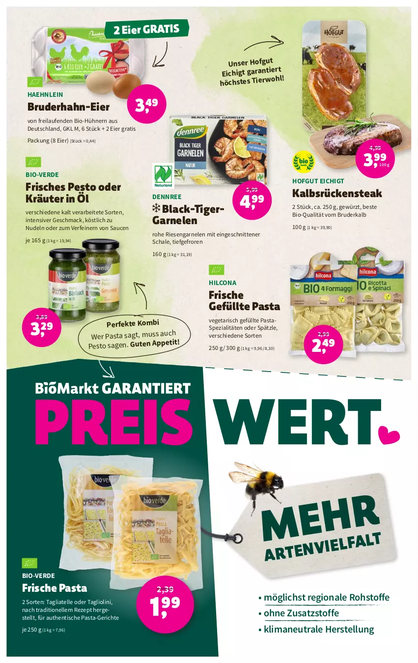 Aktueller Prospekt Denns Biomarkt - Prospekte - von 19.07 bis 01.08.2023 - strona 8 - produkty: bio, dennree, eier, elle, erde, Frische Pasta, garnelen, gewürz, hilcona, hofgut, hühner, kräuter, lack, Laufen, mac, nudel, nudeln, oder kräuter, pasta, pesto, rezept, riesengarnelen, Rückensteak, sauce, saucen, Schal, Schale, schnitten, Spezi, steak, tagliatelle, Tagliolini, Ti, tisch, Vegeta