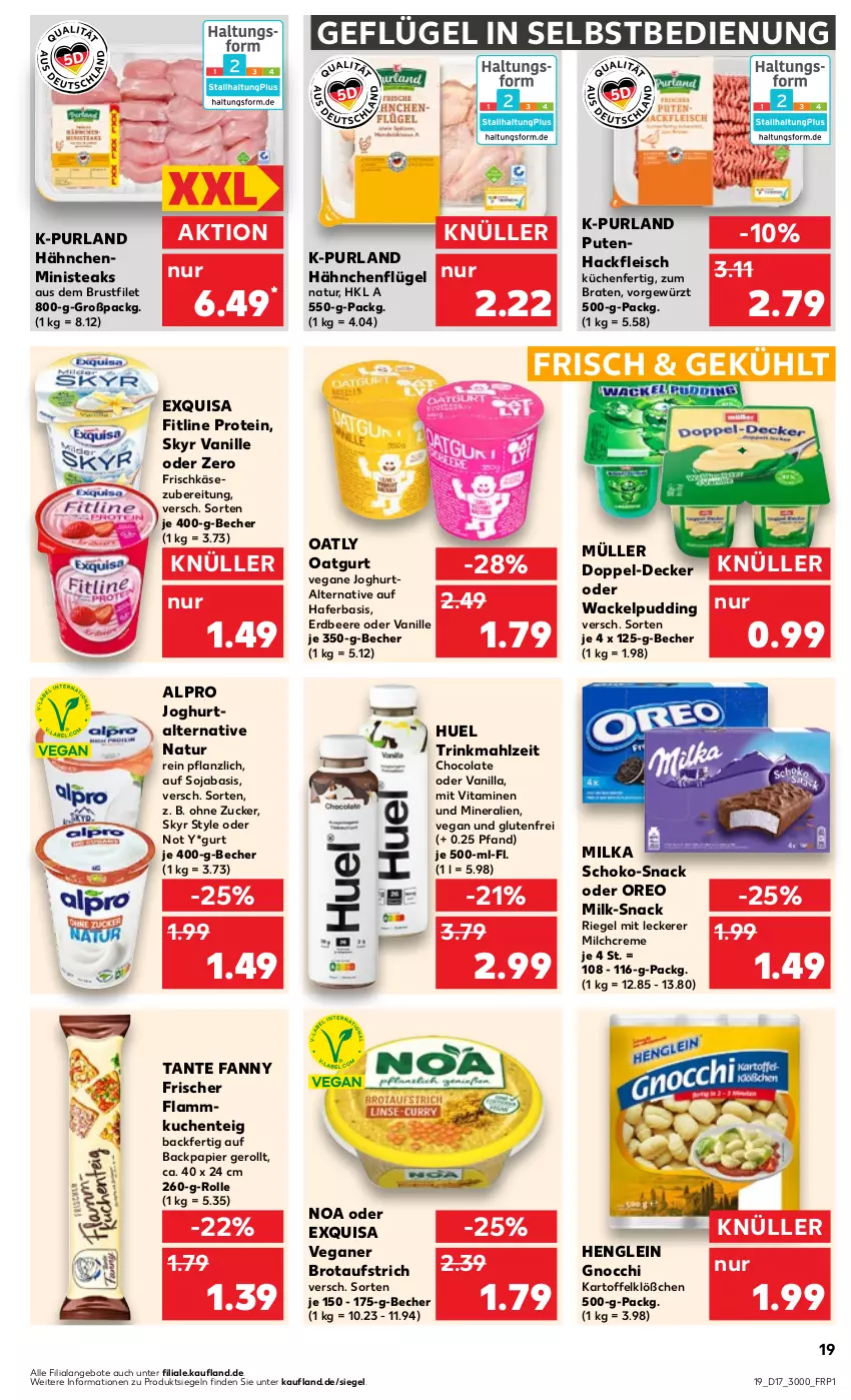 Aktueller Prospekt Kaufland - Prospekt - von 25.04 bis 30.04.2024 - strona 19 - produkty: alpro, angebot, angebote, aufstrich, Becher, beere, braten, brot, brotaufstrich, brustfilet, cola, creme, decke, eis, ente, erdbeere, exquisa, filet, fitline, flammkuchen, Flammkuchenteig, fleisch, frischkäse, frischkäsezubereitung, Geflügel, gewürz, gnocchi, hackfleisch, hafer, hähnchenflügel, henglein, joghur, joghurt, kartoffel, Käse, küche, Küchen, kuchen, lamm, milch, milka, Müller, natur, oreo, papier, pudding, purland, pute, Putenhackfleisch, riegel, schoko, Skyr, snack, soja, steak, steaks, tante fanny, Ti, vanille, vita, Vitamine, zucker