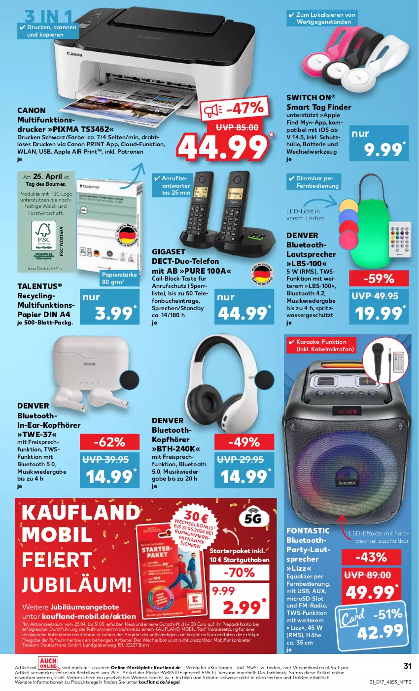 Aktueller Prospekt Kaufland - Prospekt - von 25.04 bis 30.04.2024 - strona 31 - produkty: angebot, angebote, Apple, asti, batterie, Bau, buch, canon, Clin, din a4, Draht, drucker, eier, eis, erde, fernbedienung, gigaset, HP, in-ear-kopfhörer, Jubiläums, jubiläumsangebot, kopfhörer, lautsprecher, led-licht, LG, microsd, multifunktionsdrucker, ndk, papier, Parkside, pril, Radio, Rauch, reis, rel, Schal, schuhe, schutzhülle, telefon, Ti, usb, versandkostenfrei, wasser, werkzeug