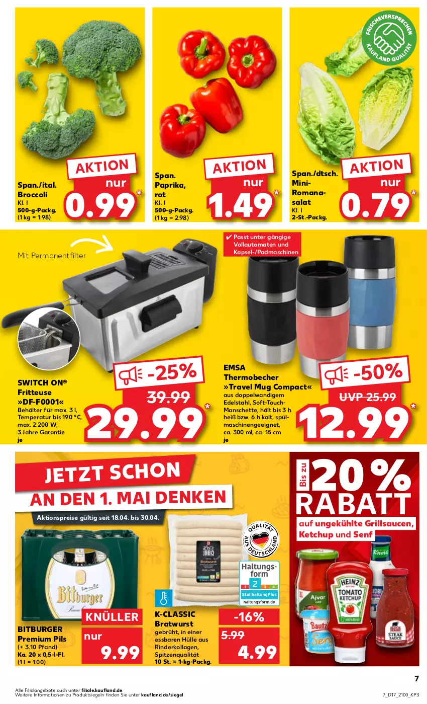 Aktueller Prospekt Kaufland - Prospekt - von 25.04 bis 30.04.2024 - strona 7 - produkty: aktionspreis, angebot, angebote, auto, Becher, Behälter, bitburger, bratwurst, broccoli, burger, edelstahl, eis, emsa, fritteuse, grill, grillsauce, ketchup, Kollagen, paprika, pils, premium pils, reis, rind, rinder, Romanasalat, salat, sauce, saucen, senf, spitzenqualität, spülmaschinen, Ti, tomate, tomaten, travel mug, vollautomaten, wurst