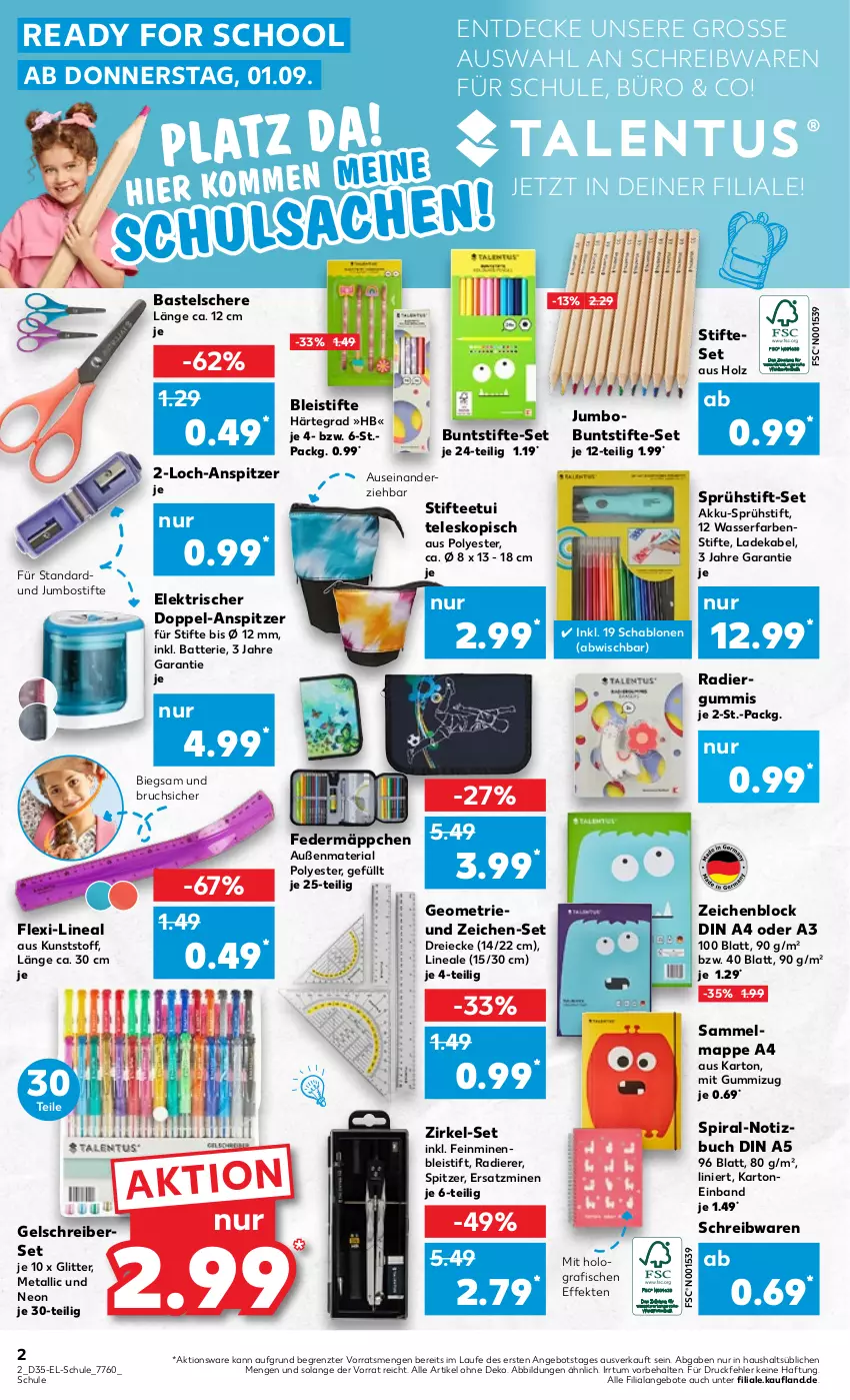 Aktueller Prospekt Kaufland - von 01.09 bis 14.09.2022 - strona 2 - produkty: akku, angebot, angebote, batterie, Bleistift, bleistifte, buch, buntstifte, decke, deka, din a4, eis, Federmäppchen, fisch, fische, Holz, jumbo, ladekabel, Radiergummi, Ria, Schere, schreibwaren, stifte, tee, Teleskop, Ti, wasser, zeichenblock, ZTE