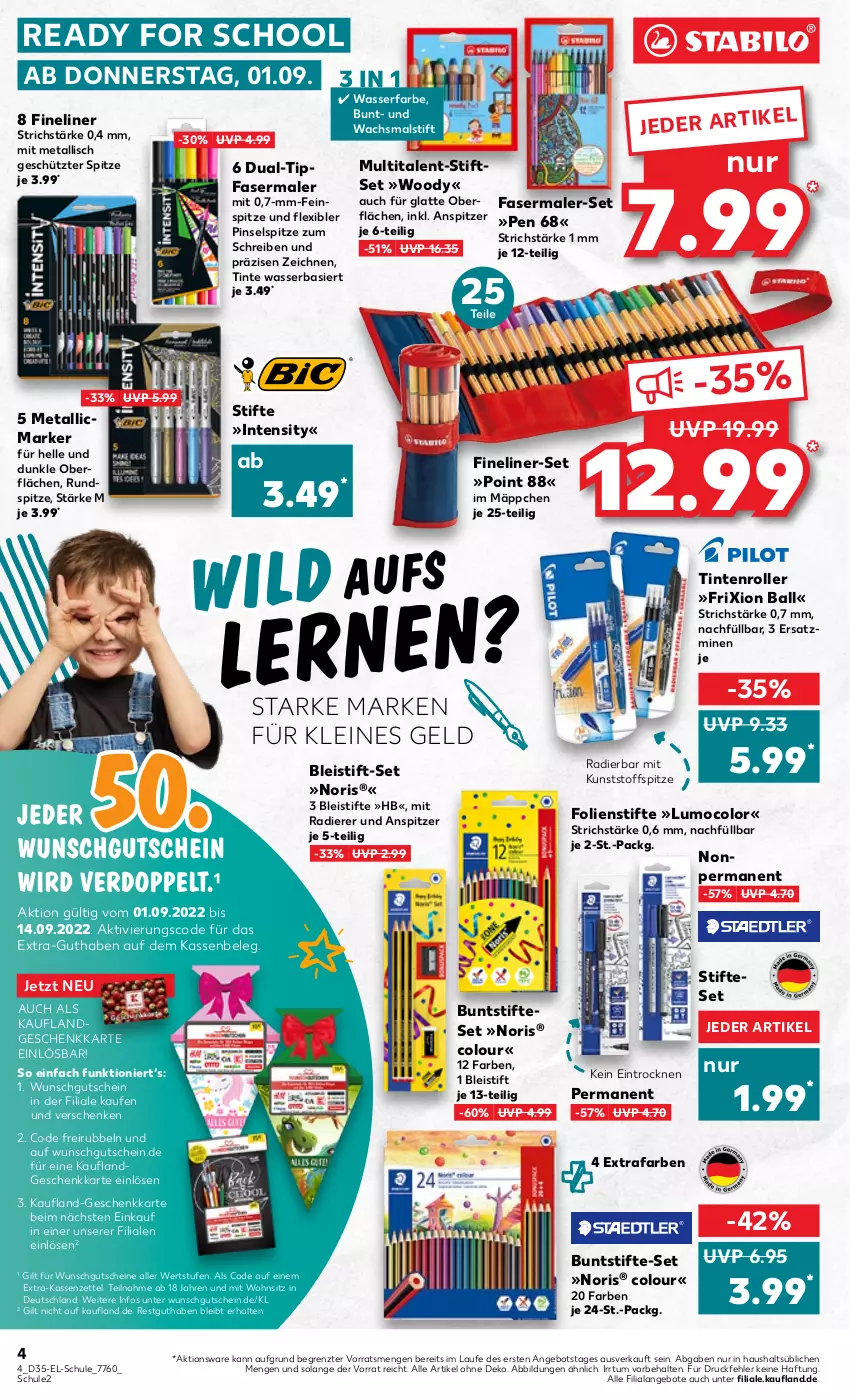 Aktueller Prospekt Kaufland - von 01.09 bis 14.09.2022 - strona 4 - produkty: angebot, angebote, ball, Bleistift, bleistifte, buntstifte, eis, elle, fasermaler, Fineliner, gutschein, gutscheine, latte, leine, Pinsel, Roller, stifte, Ti, wasser, ZTE