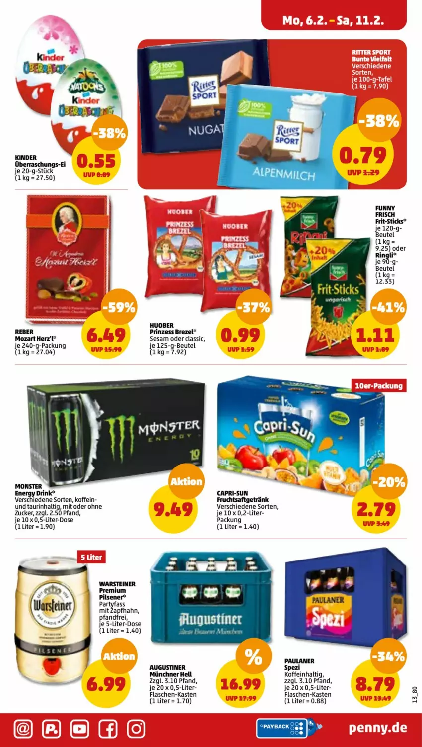 Aktueller Prospekt Penny - Prospekte - von 06.02 bis 11.02.2023 - strona 13 - produkty: beutel, brezel, Cap, capri-sun, drink, energy drink, flasche, flaschen-kasten, Frit-Sticks, frucht, fruchtsaft, fruchtsaftgetränk, Funny Frisch, getränk, huober, Kinder, monster, Paula, paulaner, pils, pilsener, premium pils, ring, saft, sesam, Spezi, steiner, Ti, warsteiner, zucker