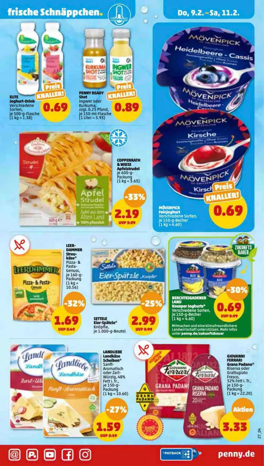 Aktueller Prospekt Penny - Prospekte - von 06.02 bis 11.02.2023 - strona 27 - produkty: apfel, Apfelstrudel, beutel, coppenrath, drink, eier, flasche, grana, grana padano, ingwer, joghur, joghurt, Käse, landkäse, landliebe, ndk, nuss, padano, Rana, riserva, settele, Strudel, Ti, tisch