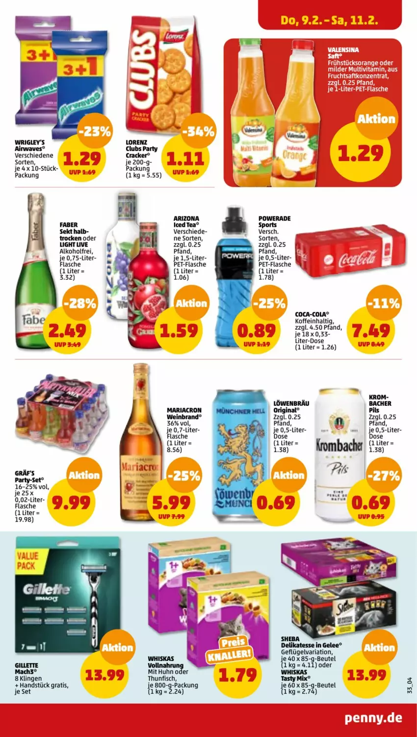 Aktueller Prospekt Penny - Prospekte - von 06.02 bis 11.02.2023 - strona 33 - produkty: alkohol, beutel, coca-cola, cola, cracker, fisch, flasche, Geflügel, gelee, gillette, gin, lorenz, mac, mach3, mariacron, pet-flasche, pils, Ria, sekt, Sport, thunfisch, Ti, wein, weinbrand, whiskas