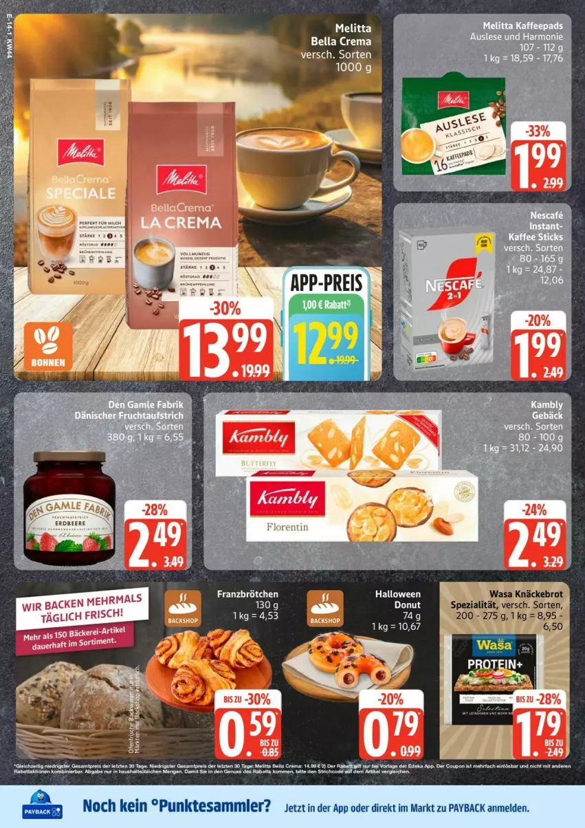 Aktueller Prospekt Edeka - Prospekte - von 27.10 bis 01.11.2025 - strona 14 - produkty: bella crema, brot, eis, elle, knäckebrot, melitta, payback, reis, Spezi, tesa, Ti, wasa, ZTE