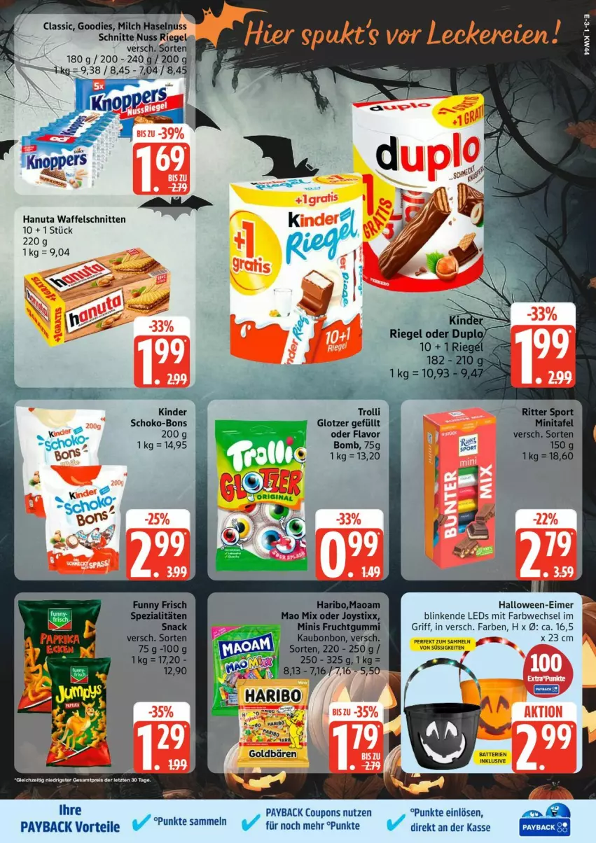 Aktueller Prospekt Edeka - Prospekte - von 27.10 bis 01.11.2025 - strona 3 - produkty: coupon, coupons, eimer, eis, frucht, fruchtgummi, hanuta, haribo, haselnuss, Kinder, leds, LG, maoam, milch, nuss, payback, reis, riegel, schnitten, schoko, schoko-bons, Ti, trolli, Waffelschnitte, Yo