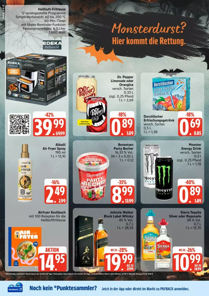 Aktueller Prospekt Edeka - Prospekte - von 27.10 bis 01.11.2025 - strona 4 - produkty: Airfryer, Becher, berentzen, black label, buch, drink, durstlöscher, energy drink, erfrischungsgetränk, fritteuse, getränk, gin, Heißluftfritteuse, johnnie walker, lack, limo, limonade, monster, orangina, rezept, rezepte, shake, Ti, timer, whisky