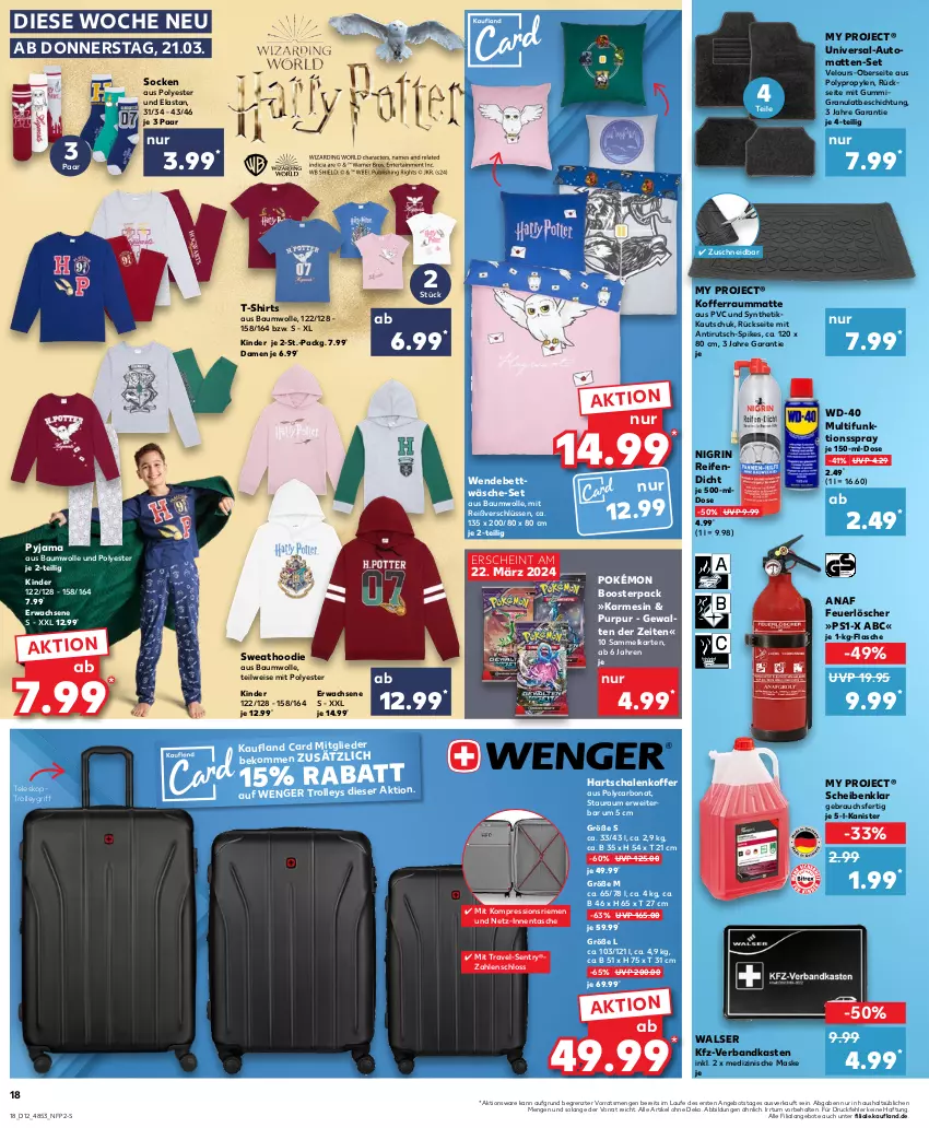 Aktueller Prospekt Kaufland - Prospekt - von 21.03 bis 27.03.2024 - strona 18 - produkty: angebot, angebote, auto, Bau, baumwolle, beko, bett, bettwäsche, Bona, eis, flasche, Hartschalenkoffer, kfz-verbandkasten, Kinder, koffer, Maske, ndk, Nigrin, Pyjama, Rauch, reifen, rwe, Schal, Schale, shirt, shirts, socken, T-Shirt, Tasche, Teleskop, Ti, trolley, Verbandkasten, walser, wendebettwäsche, wolle, ZTE