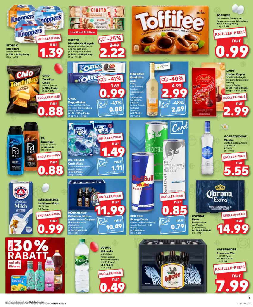 Aktueller Prospekt Kaufland - Prospekt - von 21.03 bis 27.03.2024 - strona 3 - produkty: alkohol, Alwa, angebot, angebote, bärenmarke, bier, caramel, chips, corona, corona extra, creme, Doppelkekse, drink, duschgel, eis, eistee, elle, energy drink, fa duschgel, fleisch, frucht, Geflügel, gin, giotto, Gorbatschow, gorbatschow wodka, haltbare milch, haselnuss, hasseröder, keks, kekse, kellerbier, knoppers, kraft, Kugel, lindor, lindt, maybach, milch, mineralwasser, mönchshof, natur, natürliches mineralwasser, Nougatcreme, nuss, oreo, pils, premium pils, qualitätswein, radler, red bull, rel, riesling, schoko, schokolade, schokoladen, Spezi, storck, tee, Ti, toffifee, tortilla, tortillas, volvic, wasser, wein, Weißwein, wodka