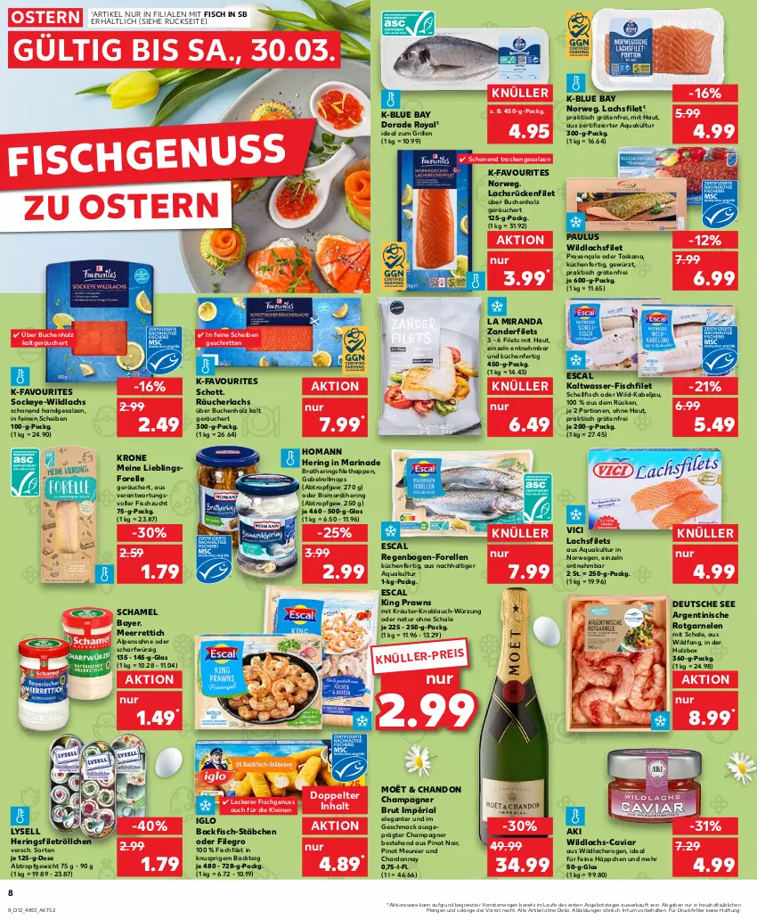 Aktueller Prospekt Kaufland - Prospekt - von 21.03 bis 27.03.2024 - strona 8 - produkty: angebot, aqua, backfisch, bismarck, brut, buch, Caviar, champagne, champagner, chardonnay, Dorade, dorade royal, eis, elle, escal, filegro, filet, filets, fisch, forelle, gabel, garnelen, gewürz, grill, hering, Herings, Holz, homann, ideal zum grillen, iglo, knoblauch, kräuter, krone, küche, Küchen, lachs, lachsfilet, lachsfilets, leine, lysell, mac, marinade, meerrettich, natur, nuss, Pinot, Pinot Meunier, pinot noir, prawns, Räucherlachs, rel, Rettich, Ria, ring, rwe, sahne, salz, Schal, Schale, schamel, schnitten, schott, Ti, tisch, wasser, Wild, wildlachs, Zander, Zanderfilets, ZTE