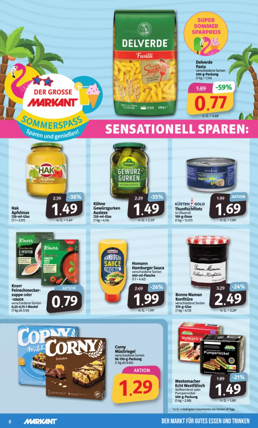 Aktueller Prospekt Markant - Prospekte - von 03.07 bis 08.07.2023 - strona 8 - produkty: beutel, bonne maman, brot, burger, Burger Sauce, eis, erde, feinschmecker, filet, filets, fisch, flasche, gewürz, Gewürzgurke, gewürzgurken, gurke, gurken, hamburger, homann, in olivenöl, knorr, konfitüre, korn, Kornbrot, Kühne, mac, mam, mestemacher, müsli, Müsliriegel, olive, oliven, olivenöl, pasta, Pumpernickel, reis, riegel, sauce, suppe, thunfisch, vollkornbrot, ZTE