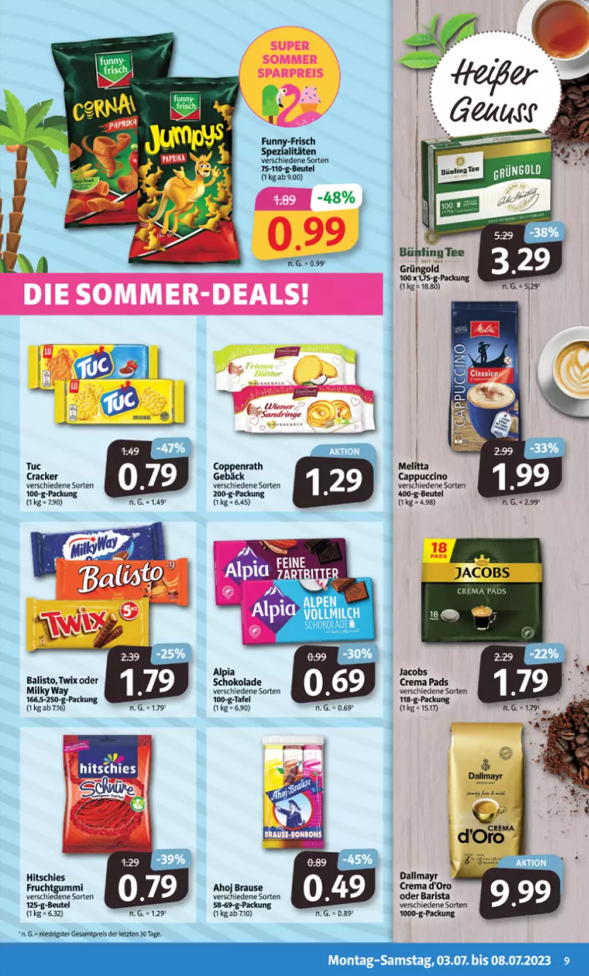 Aktueller Prospekt Markant - Prospekte - von 03.07 bis 08.07.2023 - strona 9 - produkty: alpia, beutel, brause, Cap, cappuccino, cin, coppenrath, cracker, crema pads, dallmayr, eis, frucht, fruchtgummi, funny-frisch, jacobs, Jacobs Crema, melitta, reis, schoko, schokolade, tee, tuc, ZTE