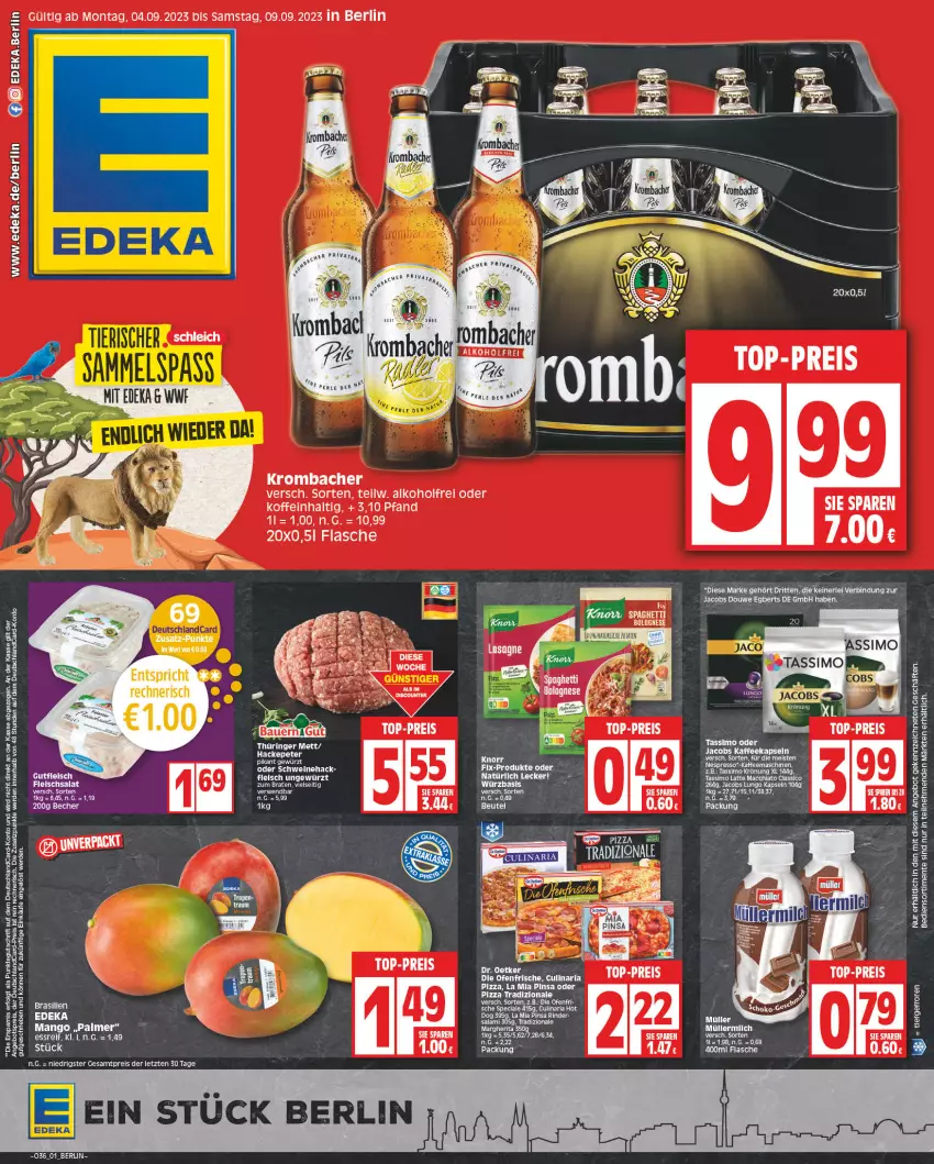 Aktueller Prospekt Edeka - Angebote der Woche - von 28.08 bis 02.09.2023 - strona 1 - produkty: ACC, alkohol, angebot, angebotspreis, Becher, bolognese, braten, chia, classico, deka, deutschlandcard, die ofenfrische, eis, ente, erde, espresso, flasche, fleisch, fleischsalat, gewürz, jacobs, kaffee, kaffeemaschine, krombache, krombacher, latte, latte macchiato, LG, lungo, mac, macchiato, mango, Müller, nespresso, Ofen, pizza, reis, rind, rinder, rwe, salami, salat, schwein, schweine, sim, spaghetti, spaghetti bolognese, tassimo, Ti, top-preis, tradizionale, wein, weine, ZTE