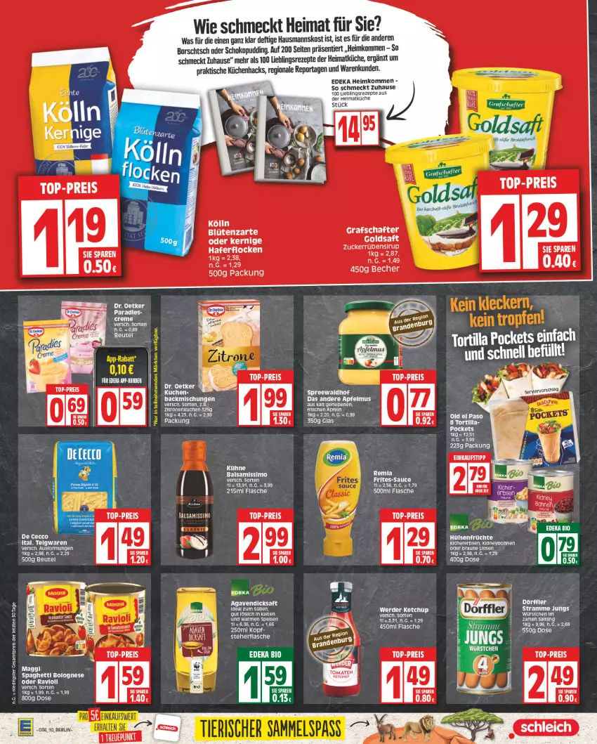 Aktueller Prospekt Edeka - Angebote der Woche - von 28.08 bis 02.09.2023 - strona 10 - produkty: agaven, apfel, apfelmus, backmischung, Backmischungen, balsam, Becher, beutel, bio, Blüte, bohne, bohnen, bolognese, Borschtsch, braun, De Cecco, deka, dicksaft, Dr. Oetker, ecco, edeka bio, eis, erbsen, flasche, früchte, goldsaft, grafschafter, hafer, haferflocken, hülsenfrüchte, ketchup, kichererbsen, kölln, küche, kuchen, Küchen, Kühne, linsen, maggi, pudding, reis, rezept, rezepte, saft, schoko, senf, sim, sirup, spaghetti, spaghetti bolognese, spreewaldhof, teigwaren, Ti, tisch, tomate, tomaten, tomaten ketchup, top-preis, zitrone, zitronen, ZTE, zucker