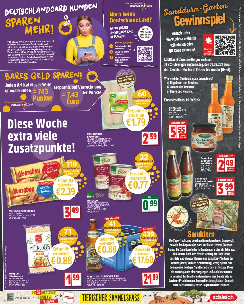 Aktueller Prospekt Edeka - Angebote der Woche - von 28.08 bis 02.09.2023 - strona 12 - produkty: angebot, angebotspreis, Bau, beere, bio, bratwurst, deka, deutschland card, deutschlandcard, dornfelder, einkaufstipp, eis, elle, erde, flasche, frucht, Garten, Heu, Instant-Nudeln, konfitüre, LG, likör, Marabou, nudel, nudeln, orange, reis, sanddorn, schoko, schokolade, tee, Ti, Tiere, tisch, tomate, tomaten, trolli, usb, wurst, ZTE