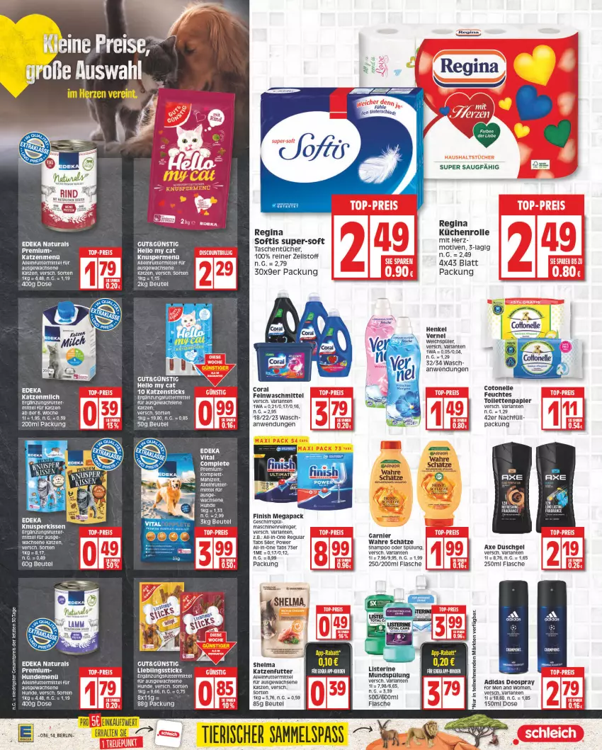 Aktueller Prospekt Edeka - Angebote der Woche - von 28.08 bis 02.09.2023 - strona 14 - produkty: Adidas, aeg, alleinfuttermittel, arla, asti, axe, axe duschgel, beutel, Coral, deka, deo, deospray, duschgel, eier, eis, feinwaschmittel, Finish, flasche, garnier, geschirr, gin, henkel, honig, katzenfutter, katzenmilch, küche, Küchen, küchenrolle, listerine, maschinenreiniger, milch, mundspülung, natur, natura, papier, reiniger, reis, shampoo, shampoo oder spülung, spülung, Tasche, taschen, taschentücher, Ti, tücher, vernel, Wahre Schätze, waschmittel, weichspüler, ZTE