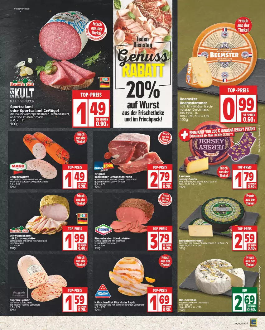 Aktueller Prospekt Edeka - Angebote der Woche - von 28.08 bis 02.09.2023 - strona 5 - produkty: auer, aufschnitt, Beemster, blume, blumen, braten, Dorfkäse, eis, filet, Geflügel, gewürz, gin, gurke, hartkäse, HP, Käse, lyoner, mac, Mantel, nuss, paprika, pfeffer, rebell, reis, rind, saft, salami, schinken, schnitten, schnittkäse, schwein, schweine, schweinebraten, serrano, Sport, steak, tee, Ti, top-preis, wein, weine, wurst, Yo, ZTE