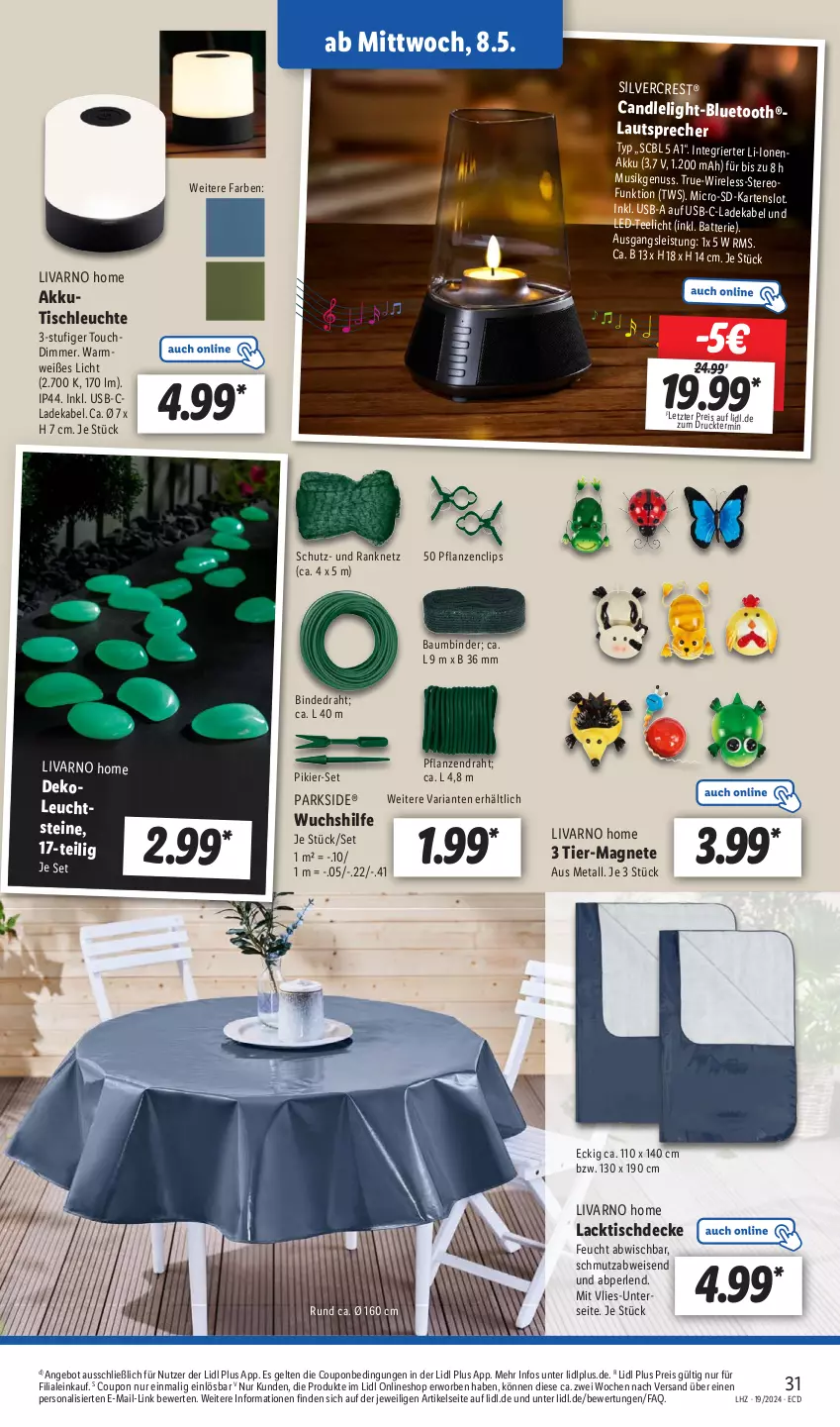 Aktueller Prospekt Lidl - Aktionsprospekt - von 06.05 bis 11.05.2024 - strona 33 - produkty: akku, angebot, batterie, Bau, coupon, decke, deka, dimmer, Draht, eis, lack, ladekabel, lautsprecher, Leuchte, nuss, Parkside, perlen, Persona, pflanze, pflanzen, reis, rel, Ria, silvercrest, tee, Teelicht, Ti, tisch, tischdecke, tischleuchte, usb, ZTE