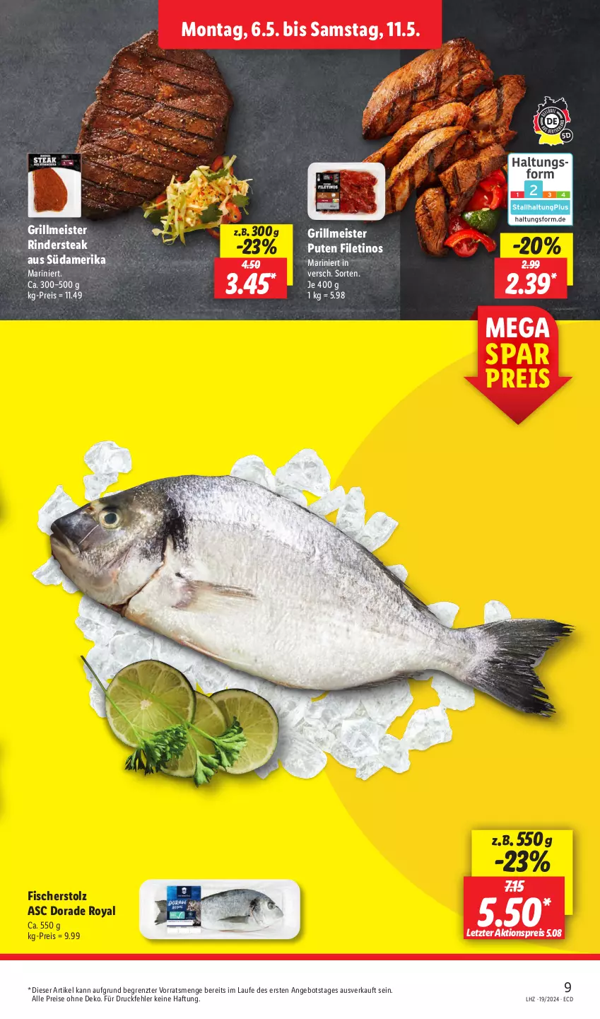 Aktueller Prospekt Lidl - Aktionsprospekt - von 06.05 bis 11.05.2024 - strona 9 - produkty: aktionspreis, angebot, Dorade, dorade royal, eis, filet, fisch, fische, Fischer, grill, Meister, pute, reis, rind, rinder, Rindersteak, steak, Ti, ZTE