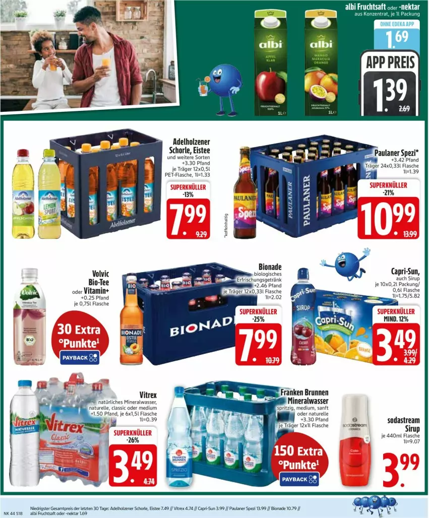 Aktueller Prospekt Edeka - Prospekte - von 27.10 bis 01.11.2025 - strona 18 - produkty: adelholzener, Alwa, bio, bionade, brunnen, Cap, capri-sun, deka, eis, eistee, elle, flasche, franken brunnen, frucht, fruchtsaft, getränk, Holz, mineralwasser, natur, natürliches mineralwasser, Nektar, Paula, paulaner, pet-flasche, reis, rel, saft, Schal, schorle, sirup, Spezi, tee, vita, vitrex, volvic, wasser