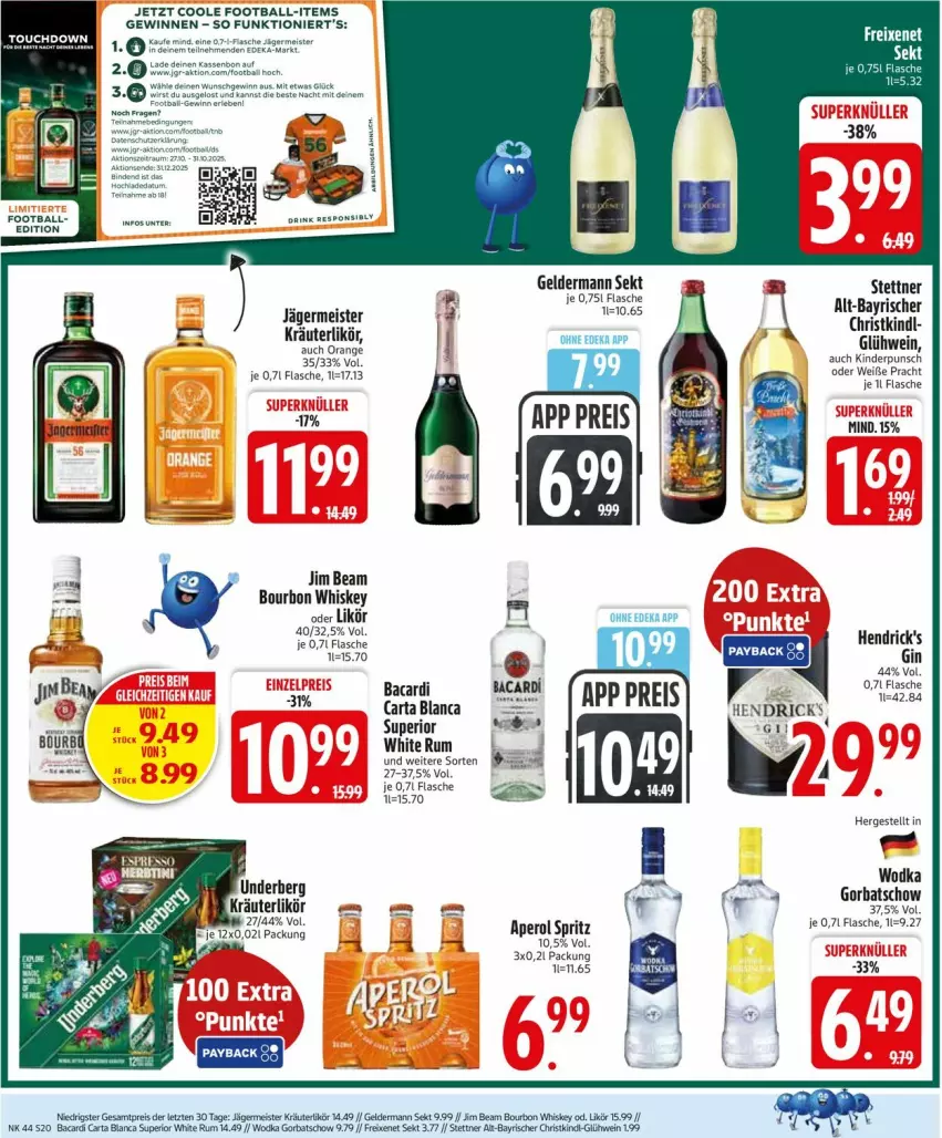 Aktueller Prospekt Edeka - Prospekte - von 27.10 bis 01.11.2025 - strona 20 - produkty: aperol, bacardi, ball, bourbon, bourbon whiskey, deka, eis, flasche, freixenet, geldermann, Germ, gin, Glühwein, Gorbatschow, Hendrick's Gin, jägermeister, jim beam, Kinder, kräuter, kräuterlikör, likör, Meister, orange, reis, rum, sekt, Ti, wein, whiskey, white rum, wodka
