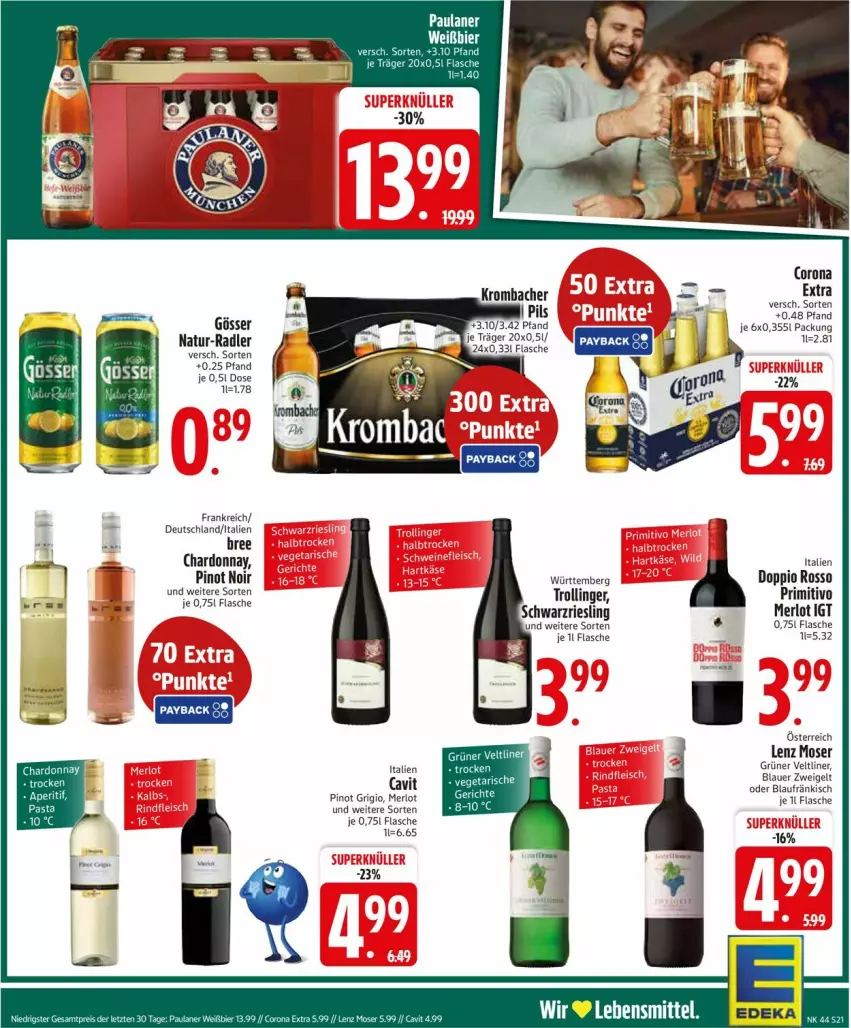 Aktueller Prospekt Edeka - Prospekte - von 27.10 bis 01.11.2025 - strona 21 - produkty: auer, blauer zweigelt, bree, chardonnay, corona, corona extra, flasche, gösser, grüner veltliner, lebensmittel, Lenz Moser, merl, merlot, moser, natur, Paula, paulaner, Pinot, pinot grigio, pinot noir, primitivo, radler, riesling, schwarzriesling, Ti, Zweigelt