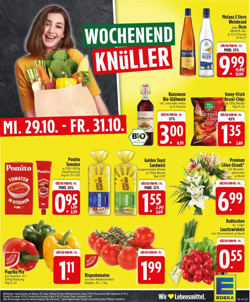 Aktueller Prospekt Edeka - Prospekte - von 27.10 bis 01.11.2025 - strona 27 - produkty: beutel, bio, chips, eis, flasche, funny-frisch, Glühwein, LG, Metaxa, paprika, pomito, sandwich, Ti, tomate, tomaten, wein, weinbrand