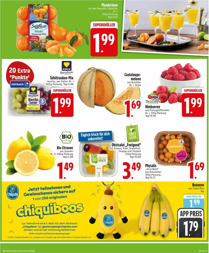 Aktueller Prospekt Edeka - Prospekte - von 27.10 bis 01.11.2025 - strona 3 - produkty: ananas, banane, bananen, beere, beeren, bio, bio-zitronen, chiquita, eis, gewinnspiel, gin, grapefruit, himbeer, himbeere, himbeeren, kiwi, LG, melone, obst, orange, reis, salat, snack, tafeltrauben, Ti, trauben, zitrone, zitronen