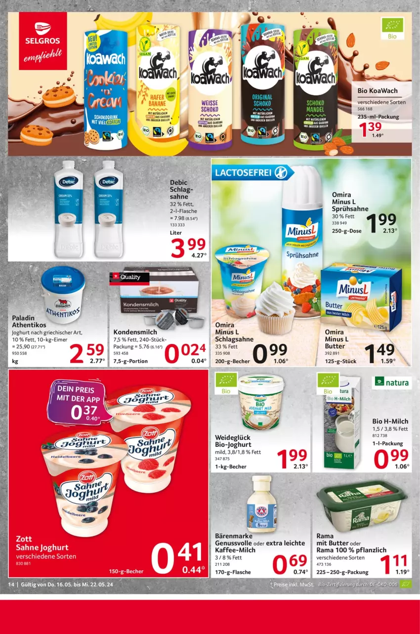 Aktueller Prospekt Selgros - Food - von 16.05 bis 22.05.2024 - strona 14 - produkty: bärenmarke, Becher, bio, bio-joghurt, butter, drink, eimer, eis, elle, flasche, joghur, joghurt, joghurt nach, kaffee, kondensmilch, milch, natur, natura, nuss, rama, sahne, schlagsahne, schoko, Ti