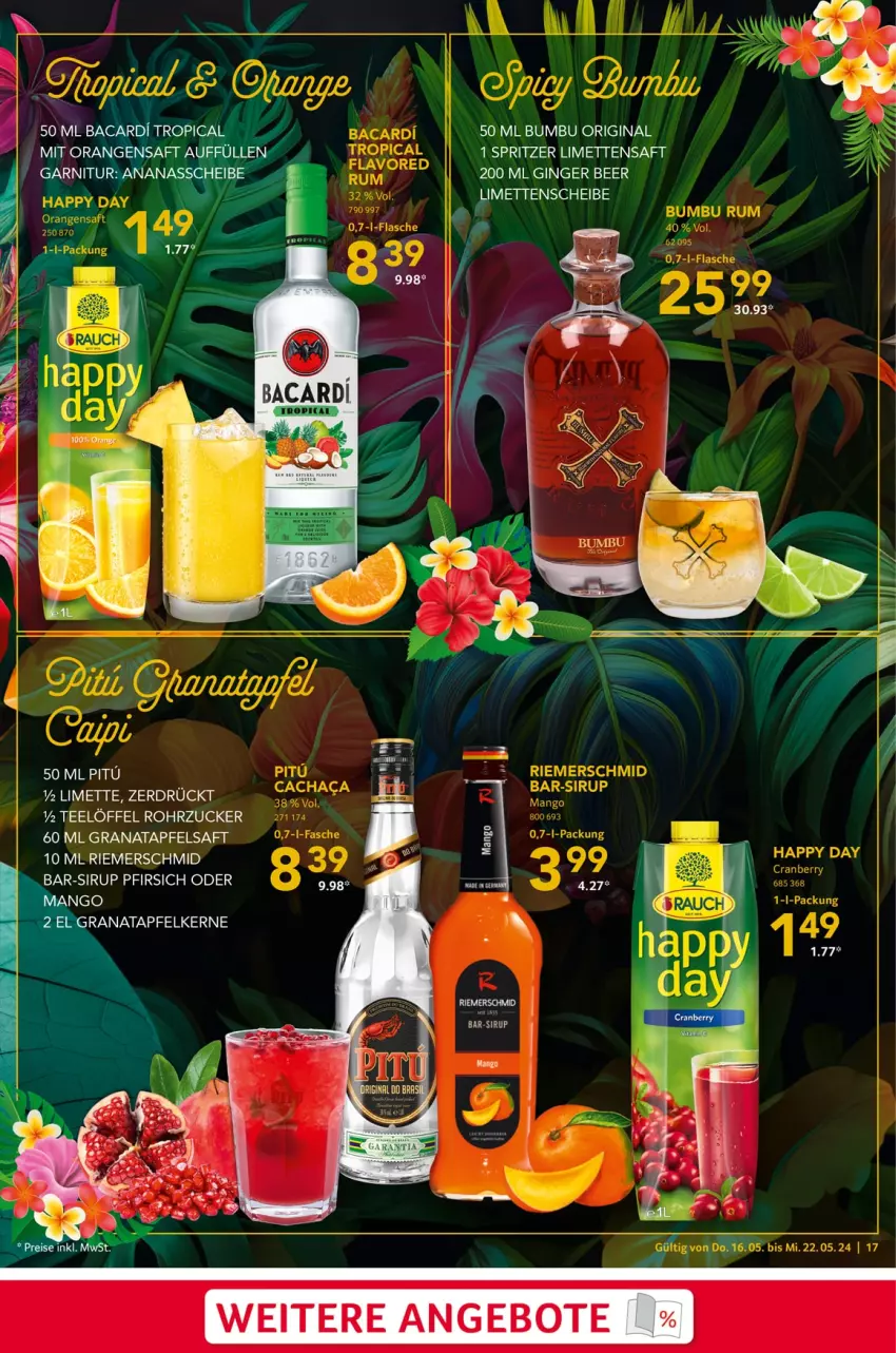 Aktueller Prospekt Selgros - Food - von 16.05 bis 22.05.2024 - strona 17 - produkty: ananas, angebot, angebote, apfel, apfelsaft, bacardi, Bumbu, garnitur, gin, ginger, grana, granatapfel, granatapfelkerne, LG, limette, limetten, Löffel, mango, Mett, metten, orange, orangen, orangensaft, pfirsich, Rana, Rauch, rohrzucker, saft, sirup, tee, zucker