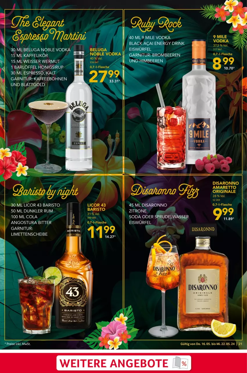 Aktueller Prospekt Selgros - Food - von 16.05 bis 22.05.2024 - strona 21 - produkty: Amaretto, angebot, angebote, beere, beeren, Beluga, bohne, bohnen, brombeere, brombeeren, cola, eis, eiswürfel, espresso, flasche, garnitur, gin, honig, kaffee, kaffeebohnen, licor, licor 43, likör, limette, limetten, Löffel, Mett, metten, rum, saro, sirup, Soda, Sprudel, Ti, vodka, wasser, würfel