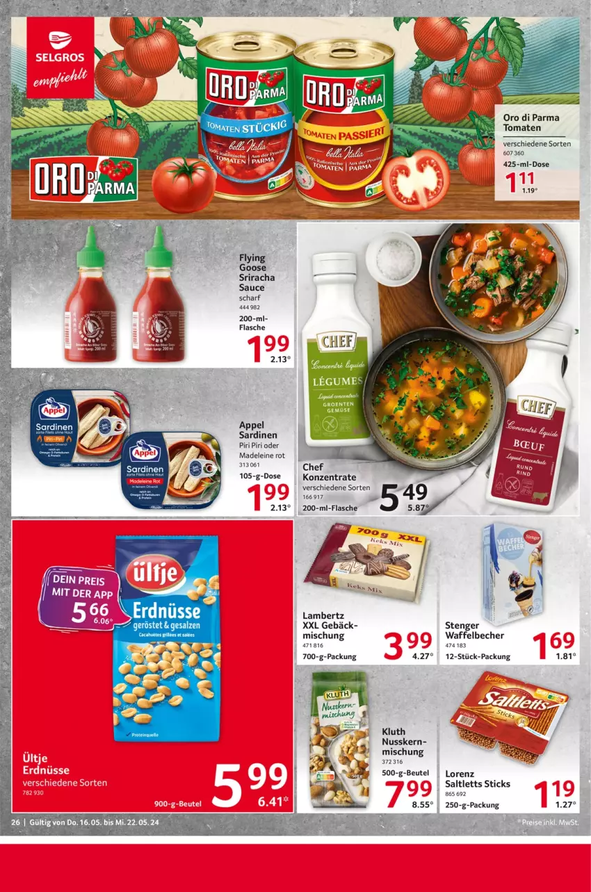 Aktueller Prospekt Selgros - Food - von 16.05 bis 22.05.2024 - strona 26 - produkty: Amber, Becher, beutel, ente, flasche, grill, groen, lambertz, leine, lorenz, nuss, oro di parma, saltletts, salz, Sardinen, sauce, Sriracha, Ti, tomate, tomaten, Yo