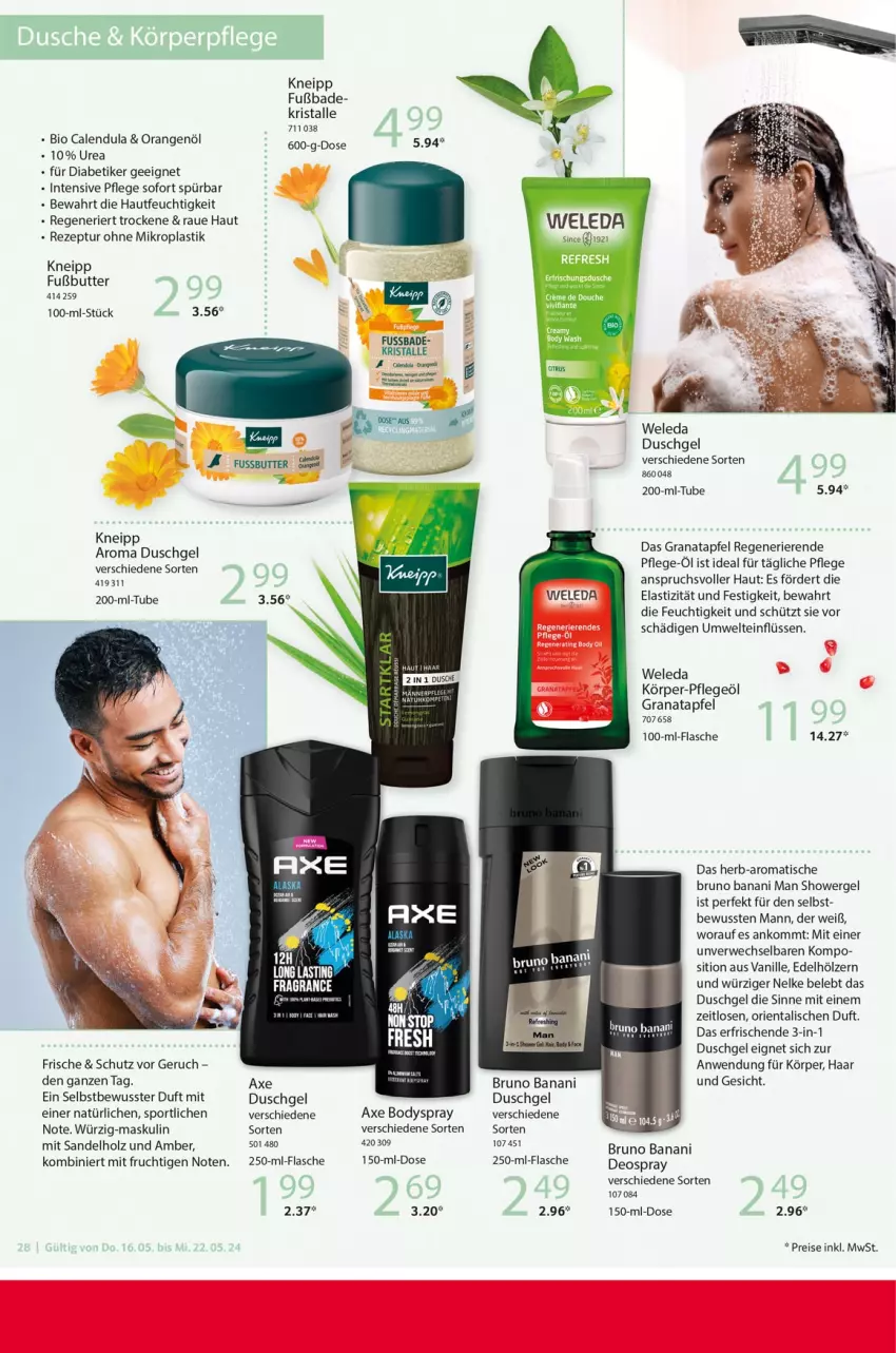 Aktueller Prospekt Selgros - Food - von 16.05 bis 22.05.2024 - strona 28 - produkty: Amber, apfel, asti, axe, Bad, bio, body, bodyspray, bruno banani, butter, Calendula, deo, deospray, dusche, duschgel, eis, erde, flasche, frucht, grana, granatapfel, Holz, kneipp, mit frucht, orange, orangen, Pflegeöl, Rana, reis, rezept, rwe, Sport, Ti, tisch, vanille, weck, weleda