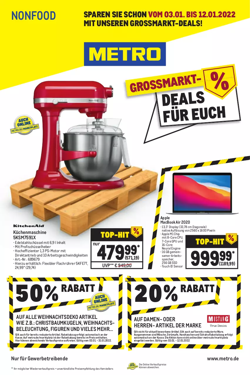 Aktueller Prospekt Metro - NonFood - von 03.01 bis 12.01.2022 - strona 1 - produkty: Apple, auto, Bau, Baumkugel, beleuchtung, edelstahl, eis, elle, ente, erde, fisch, gin, Handtasche, küche, Küchen, küchenmaschine, Kugel, LG, mac, macbook, macbook air, Metro, reis, schuhe, schüssel, ssd, strümpfe, Tasche, taschen, teller, Ti, tisch, Weihnachtsbeleuchtung