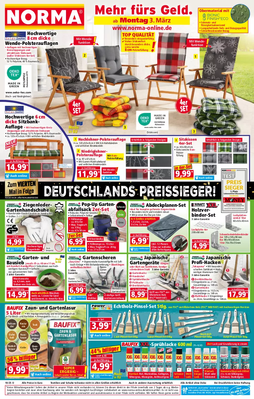 Aktueller Prospekt Norma - Norma - von 03.03 bis 10.03.2025 - strona 1 - produkty: abdeckplane, arla, asti, Bank, Bau, baumwolle, Bebe, boss, braun, Brei, eis, elle, erde, Garten, Gartenschere, gin, handschuhe, Holz, HP, kissen, kraft, lack, lack matt, Lacke, latte, LG, ndk, nuss, Pinsel, rasen, reis, reiss, Ria, sac, Schere, schuhe, sitzbank, sitzkissen, Spiele, Sprühlack, Ti, wolle, Zement