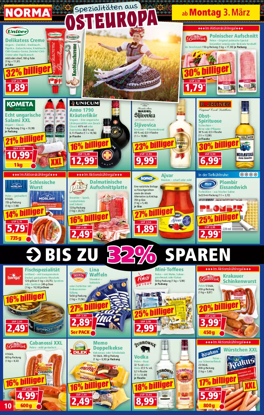 Aktueller Prospekt Norma - Norma - von 03.03 bis 10.03.2025 - strona 10 - produkty: Ajvar, auer, aufschnitt, Beskada, Cabanossi, chili, creme, decke, Deckel, Doppelkekse, eis, ente, erdnuss, fisch, flasche, fleisch, gewürz, gin, gulasch, Gulaschcreme, ilag, kakao, keks, kekse, ketchup, knoblauch, kokos, kokosnuss, krakauer, kräuter, kräuterlikör, kühlregal, landschinken, latte, likör, mac, milch, Muscheln, nuss, obst, paprika, pflaume, pflaumen, regal, sahne, salami, sandwich, Sardinen, schinken, schinkenwurst, schoko, schokolade, schwein, schweine, schweinefleisch, Speck, Spezi, Sprotten, Ti, Ungarische Salami, vodka, vollmilch, waffeln, wein, weine, wurst, würstchen, zwiebel