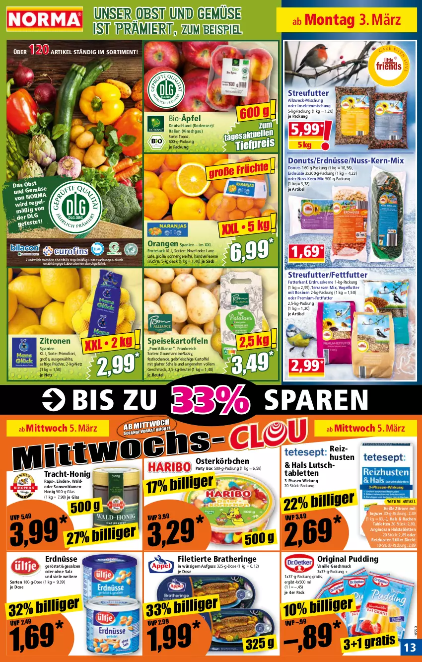 Aktueller Prospekt Norma - Norma - von 03.03 bis 10.03.2025 - strona 13 - produkty: beutel, bio, blume, blumen, Bratheringe, Donut, donuts, eis, erde, erdnuss, erdnüsse, filet, Filetierte Bratheringe, fleisch, früchte, gin, hering, honig, ingwer, kartoffel, kartoffeln, Körbchen, latte, mac, nuss, obst, Obst und Gemüse, orange, orangen, pudding, reis, ring, sac, saft, salz, Schal, Schale, sekt, sonnenblume, sonnenblumen, speisekartoffeln, Streufutter, tablet, tablett, Tablette, tesa, Ti, tiefpreis, und gemüse, vanille, Vogelfutter, weck, zitrone, zitronen